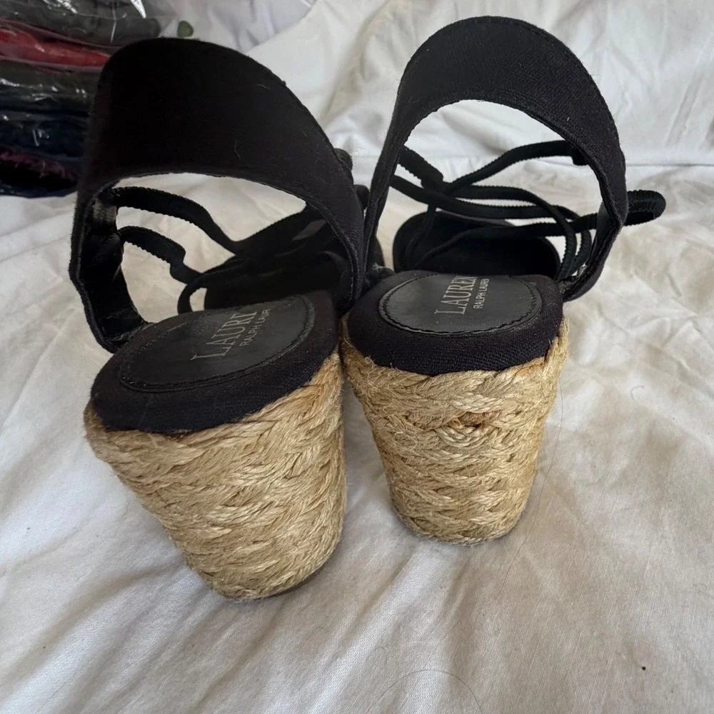 Lauren Ralph Lauren caralee Black Canvas Espadrille Wedge Sandals‎ Womens 6B